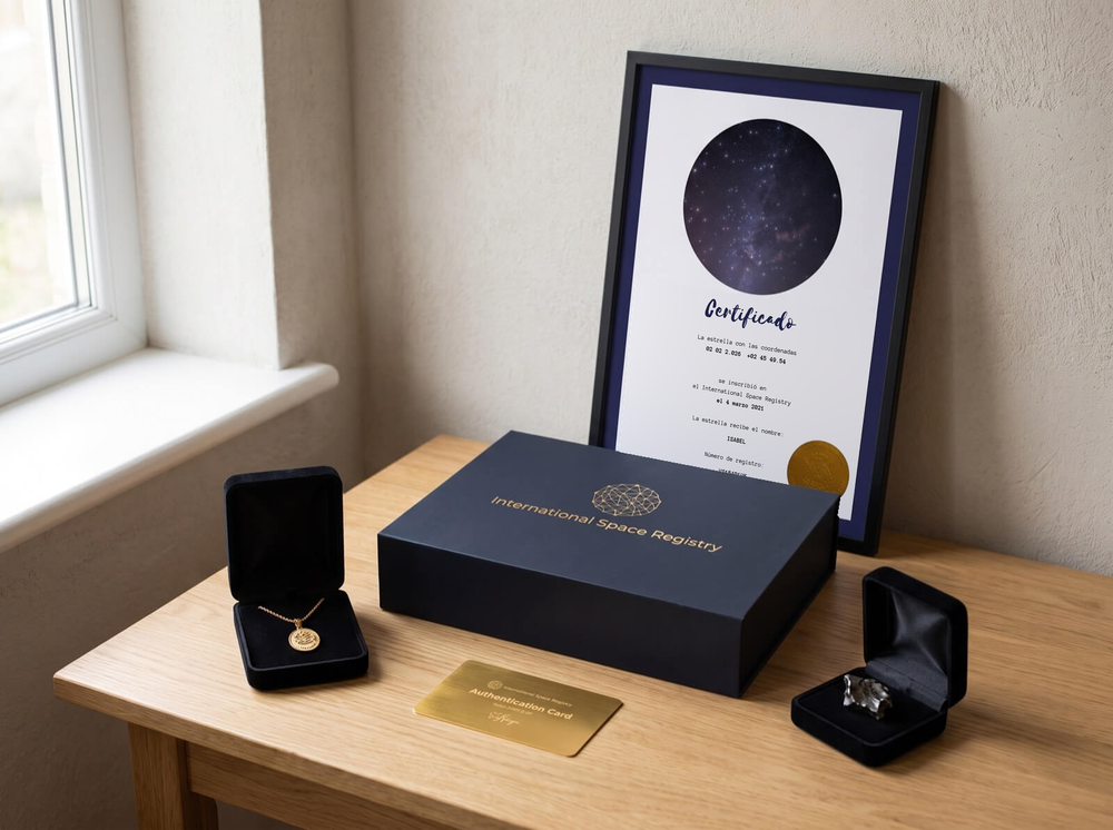 Cofre premium con certificado en español, collar, meteorito y tarjeta dorada